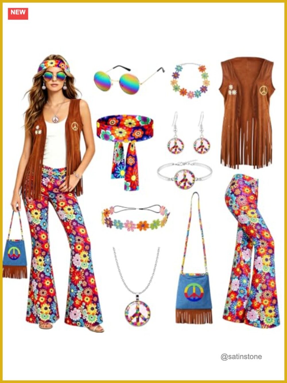 70s Hippie Costume Women Large Polyester Fancy Dress Cosplay Party